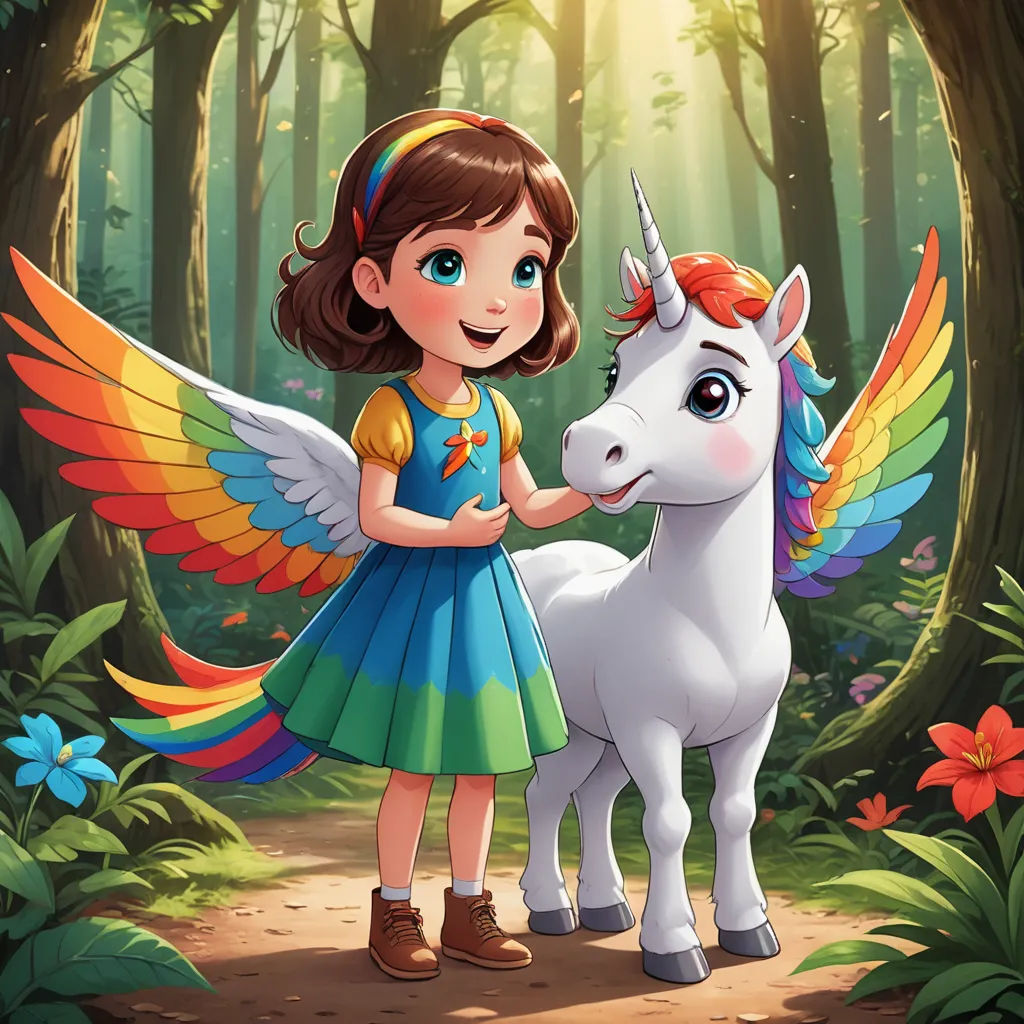 a girl with a rainbow wings petting a unicorn in a forest with flowers and trees around her illustration by alex krapf, fantasy art, a storybook illustration, Daphne McClure, key art