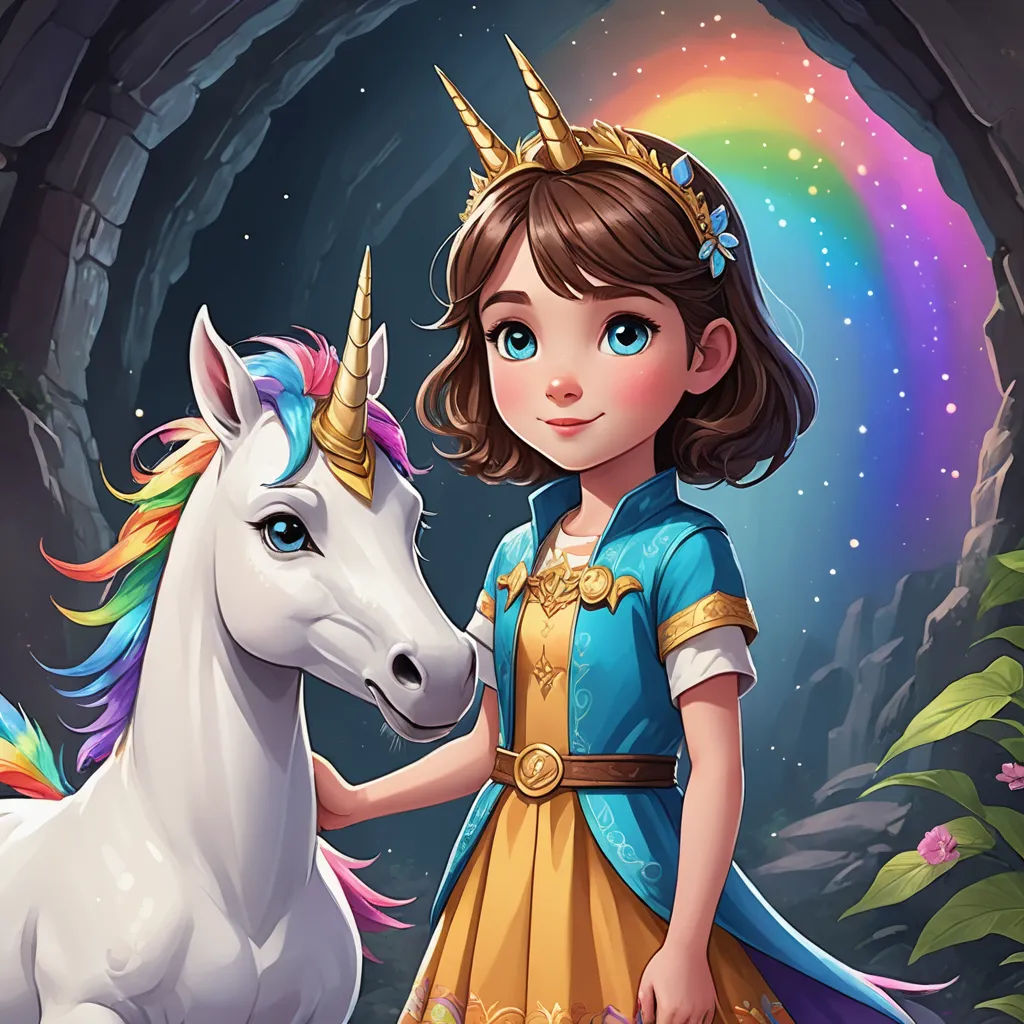 a girl in a dress standing next to a unicorn in a cave with a rainbow in the background and a rainbow in the sky, fantasy art, a character portrait, artist, key art