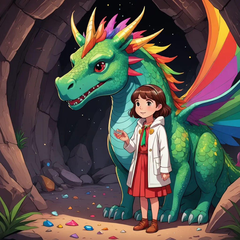 a girl standing next to a dragon in a cave with a rainbow tail on her head and a rainbow tail on her head, fantasy art, a storybook illustration, Diego Gisbert Llorens, 2 d game art