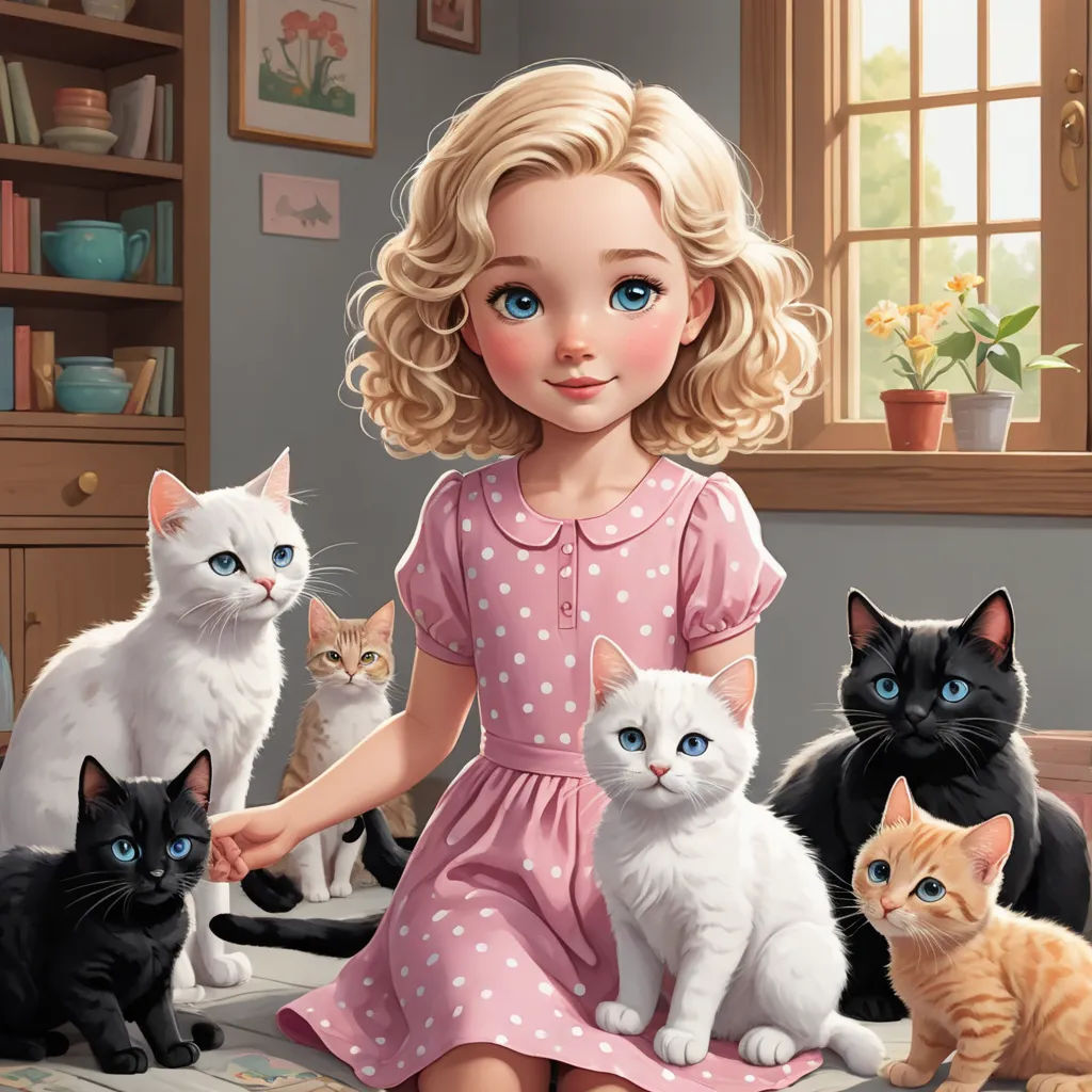 a painting of a girl with cats in a room with a window and a rug on the floor and a rug on the floor, pop surrealism, a storybook illustration, Alice Prin, storybook illustration