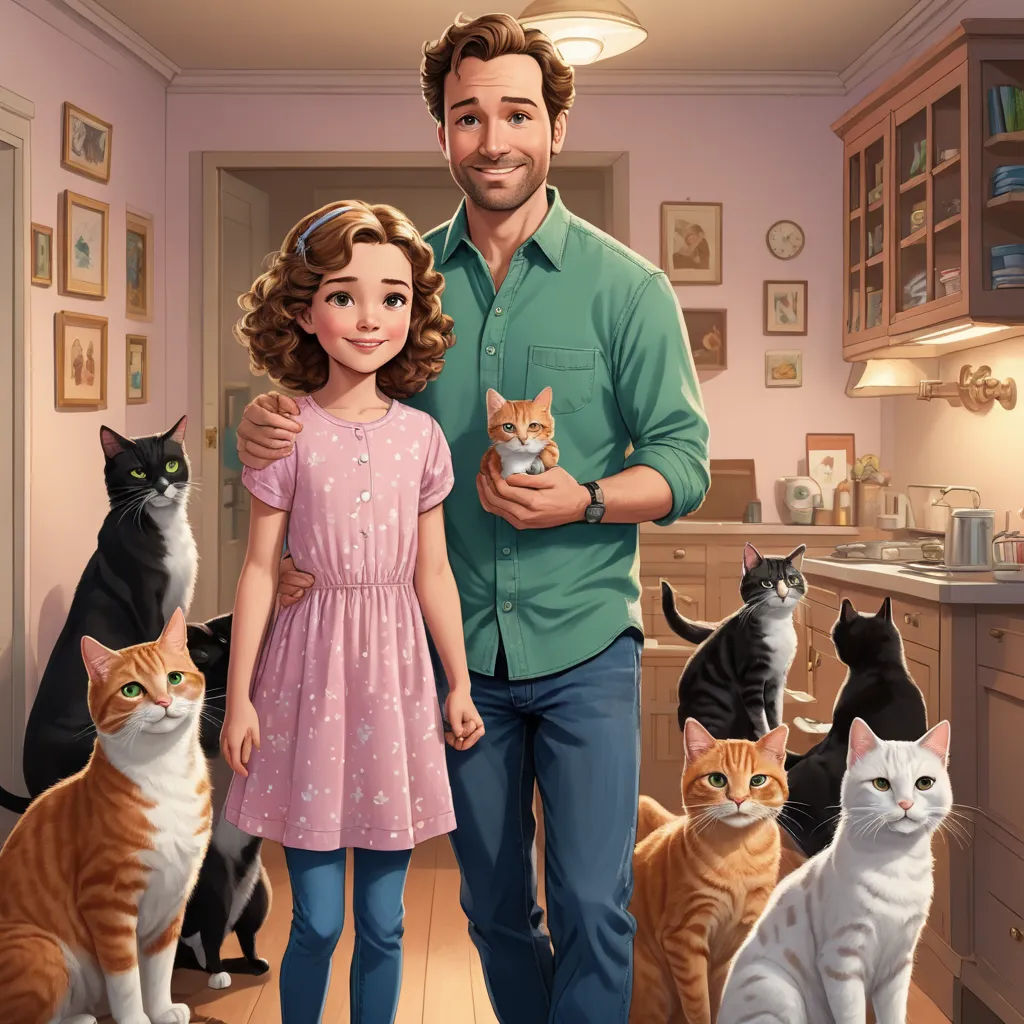 a man and a woman standing in a kitchen with cats around them and a man holding a kitten in his arms, furry art, a storybook illustration, Chris LaBrooy, official art
