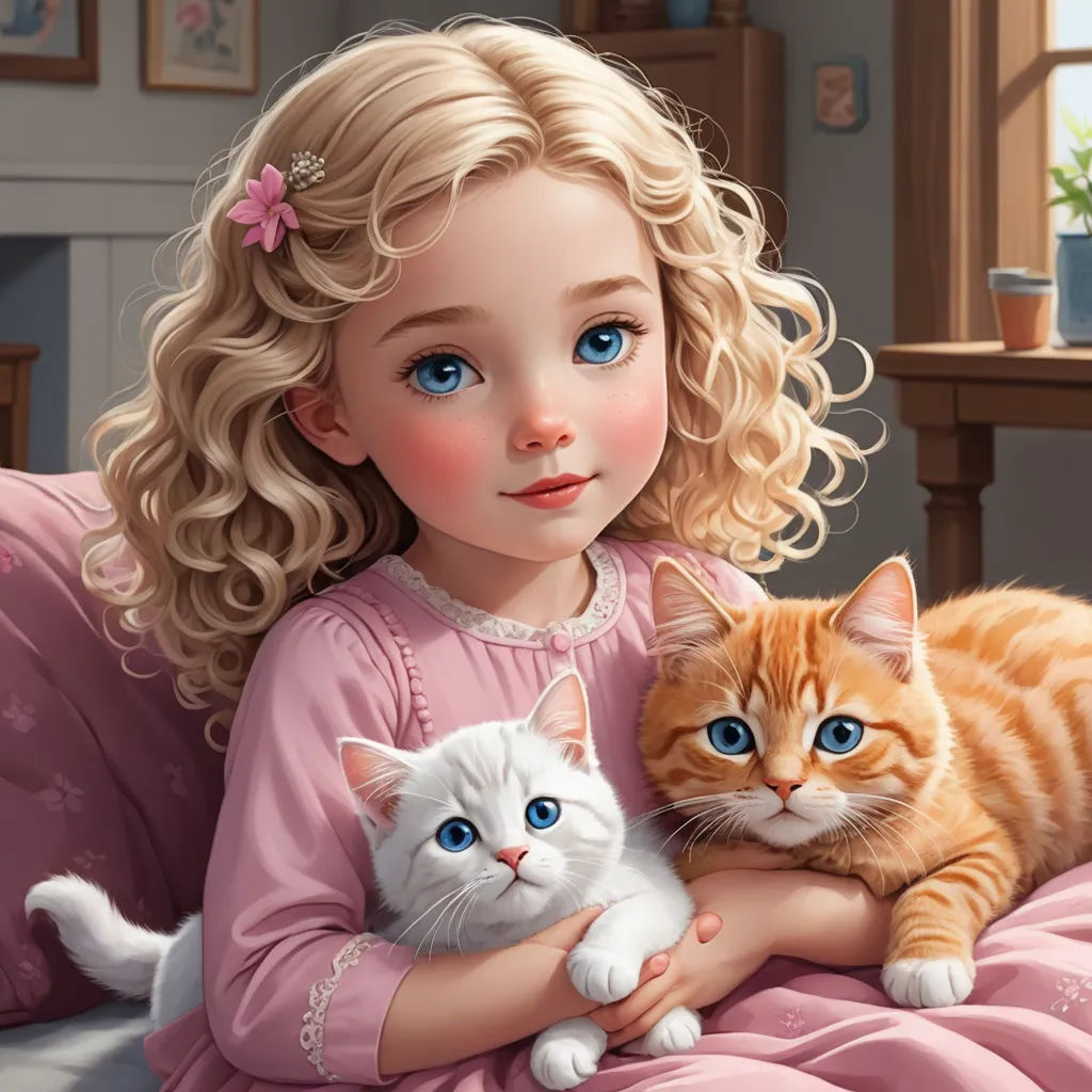 a painting of a girl holding a cat and a kitten on her lap, with a cat sitting on her lap, photorealism, a storybook illustration, Alice Prin, cute and funny