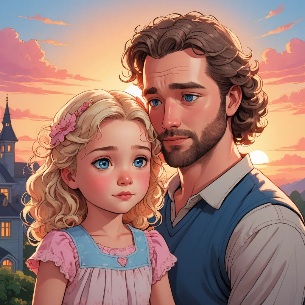 a man and a little girl standing in front of a castle at sunset with a castle in the background, serial art, a storybook illustration, Aaron Jasinski, trending on art station
