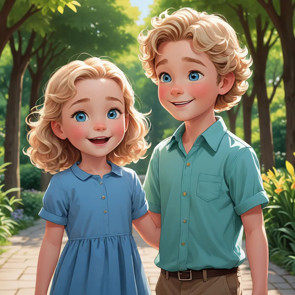 a couple of kids standing next to each other on a sidewalk in a park with trees and flowers behind them, photorealism, a storybook illustration, disney, rossdraws global illumination