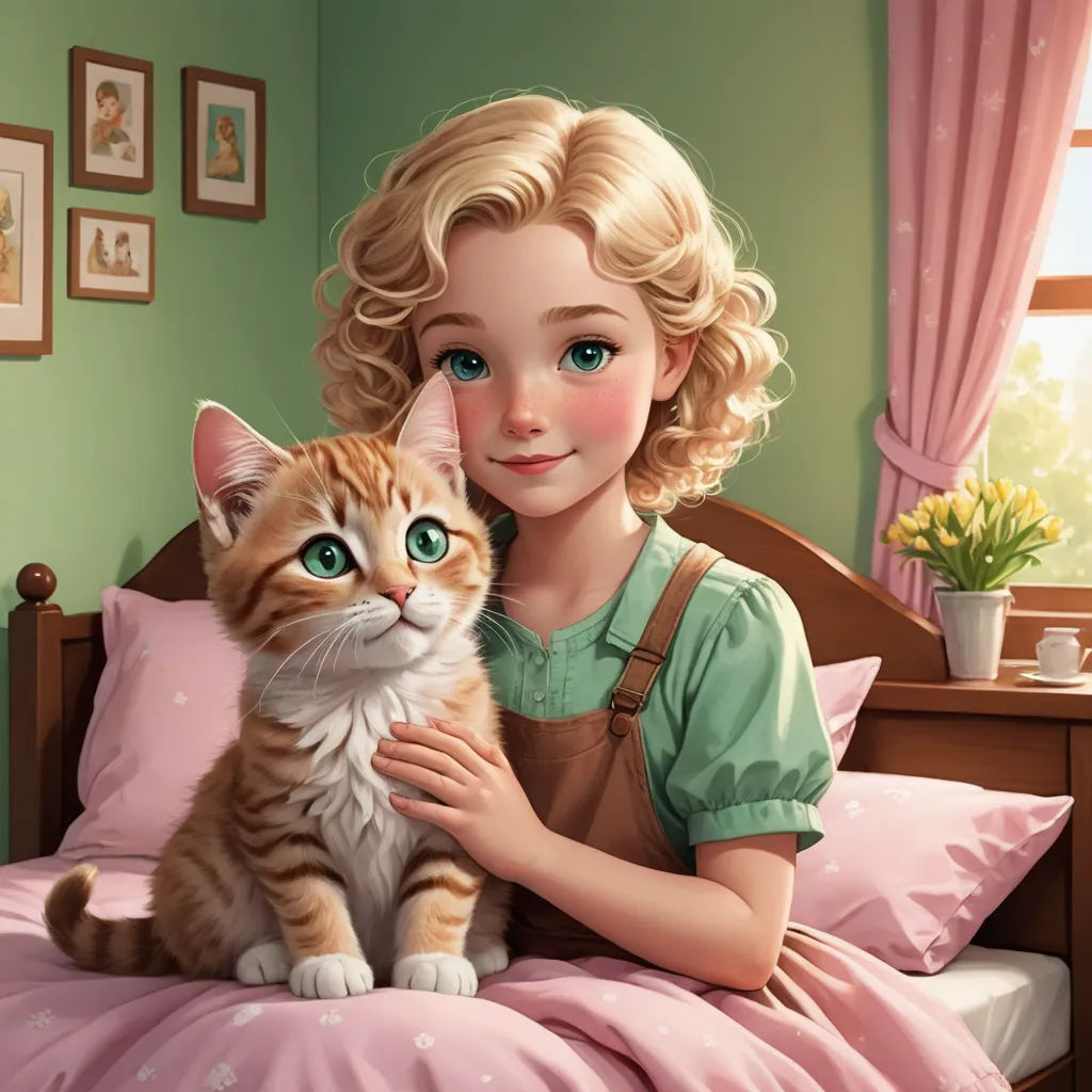 a painting of a girl holding a cat on a bed with pink sheets and pink curtains and a pink flower, furry art, a storybook illustration, Alice Prin, storybook illustration
