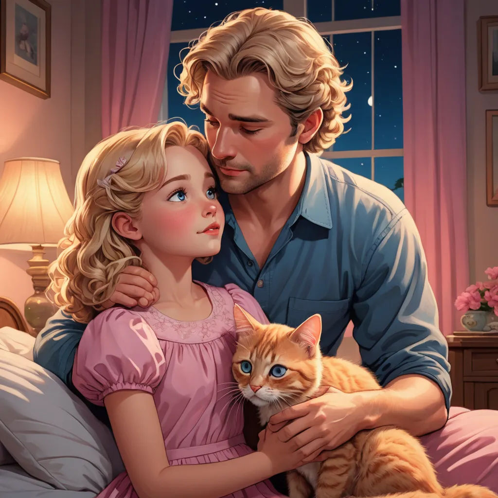 a man and a woman are cuddling on a bed with a cat in their arms and a cat on the bed, american scene painting, a storybook illustration, Aaron Jasinski, storybook illustration