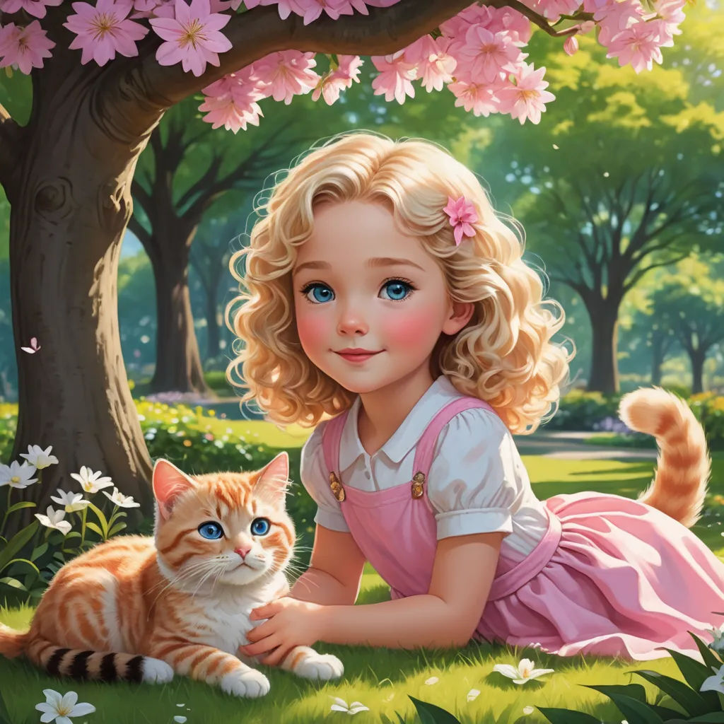 a painting of a little girl with a cat in a park with flowers and trees in the background,, fantasy art, a storybook illustration, Alice Prin, official art