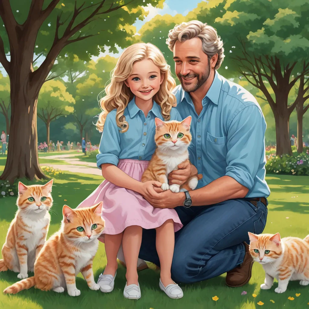 a man and a girl are holding cats in a park with trees and flowers in the background and a man is holding a cat, american scene painting, a storybook illustration, F Scott Hess, official art