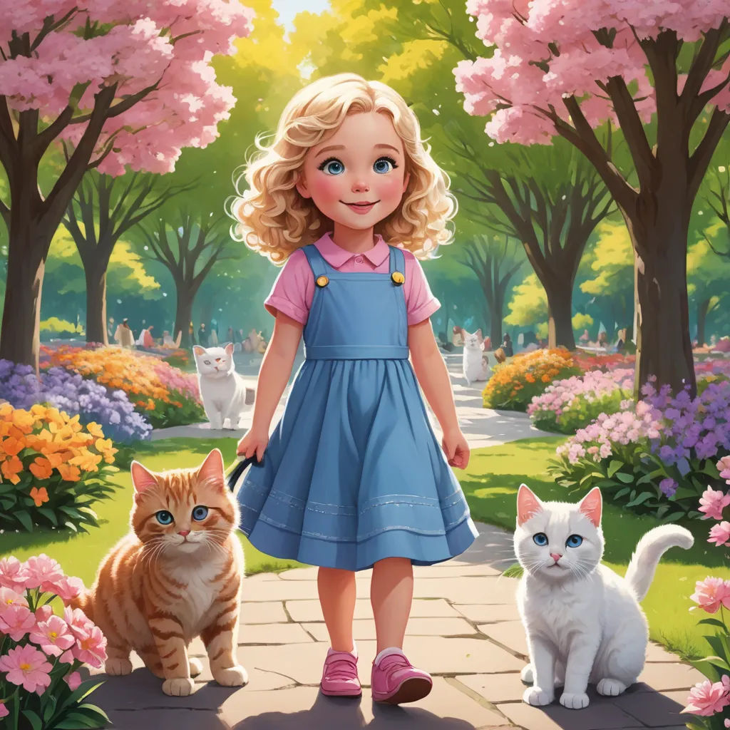 a little girl standing next to two cats in a park with flowers and trees in the background and a cat on the ground, furry art, a storybook illustration, Alice Prin, official art