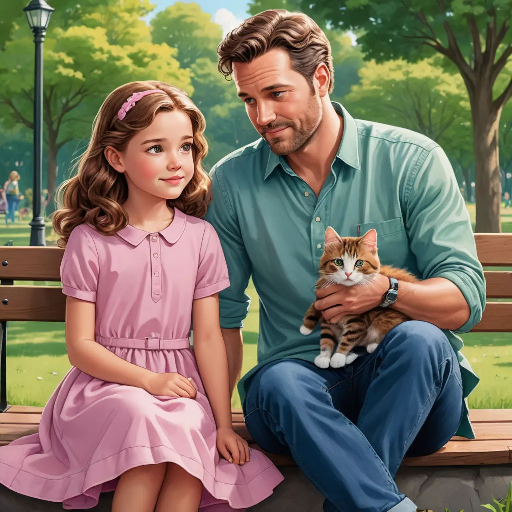 a man and a little girl sitting on a bench with a cat in their lap and a man holding a cat, american scene painting, a storybook illustration, Aaron Jasinski, promotional image