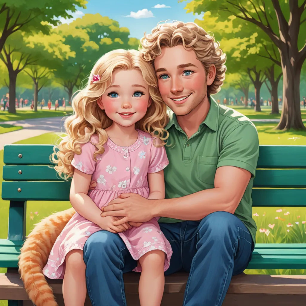 a man and a little girl sitting on a bench together, with a cat sitting on the bench behind them, furry art, a storybook illustration, Andrew Allan, furaffinity