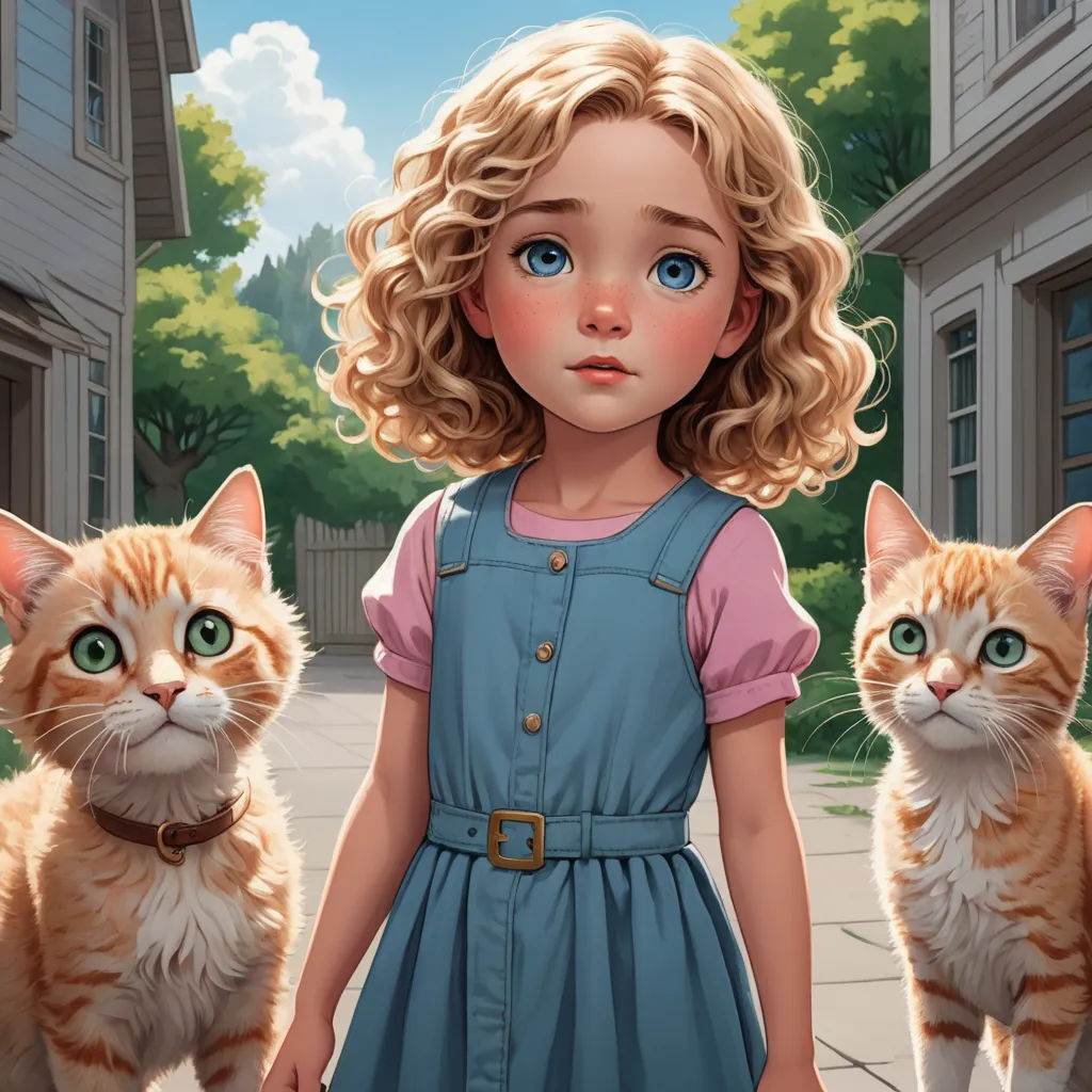a little girl standing next to two cats on a sidewalk with a house in the background and a cat behind her, magical realism, a storybook illustration, Alice Prin, kinkade