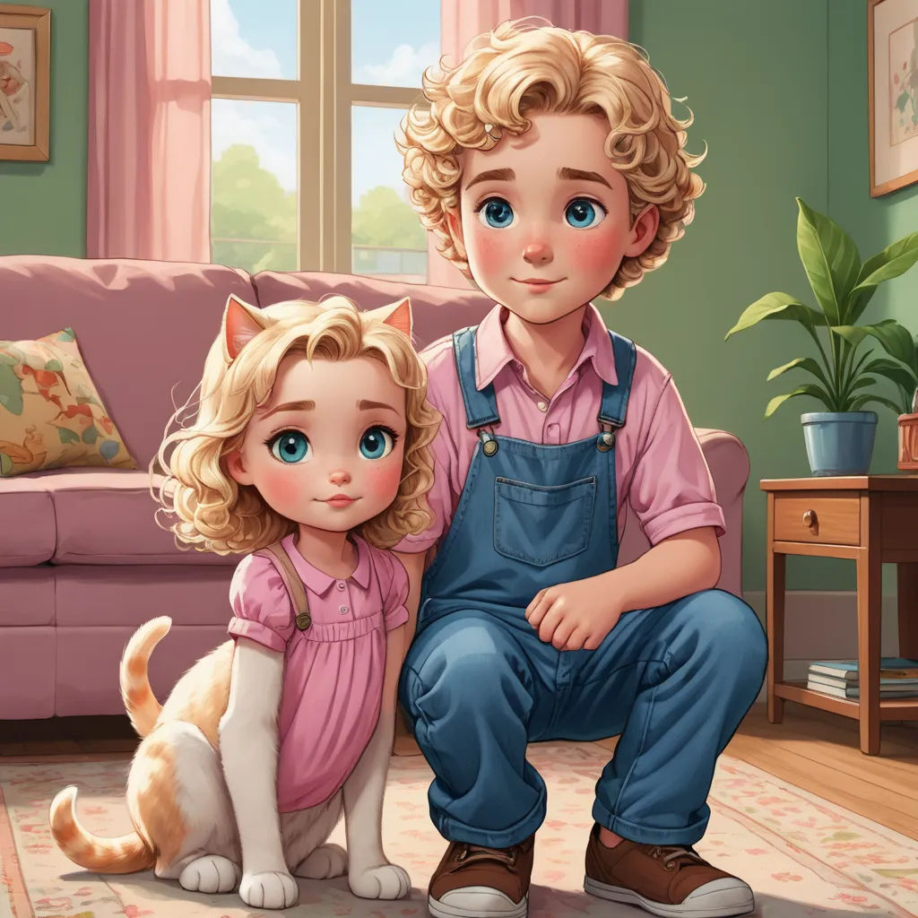 a boy and a girl are sitting on the floor with a cat in front of them and a couch in the background, furry art, a storybook illustration, Diego Gisbert Llorens, storybook illustration