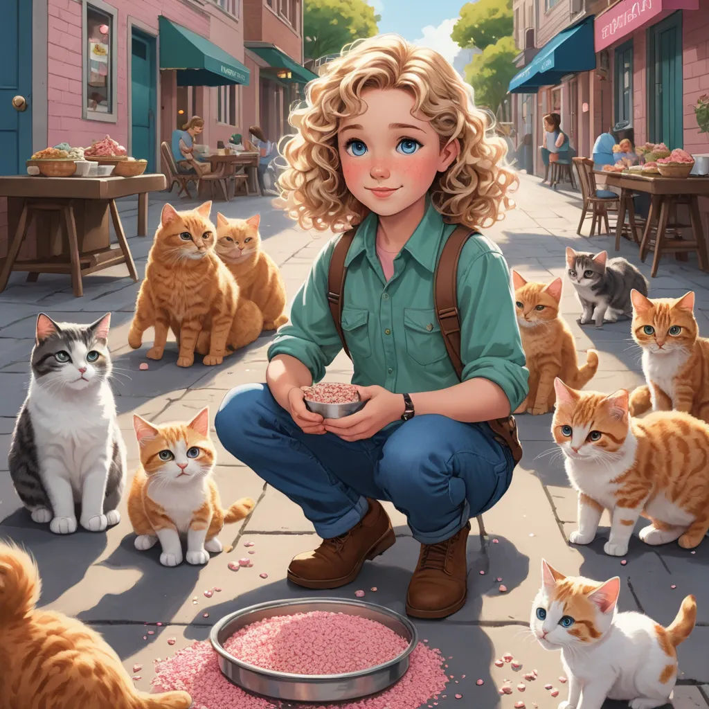 a girl is surrounded by cats in a street scene with a cat bowl in front of her and a cat looking at the camera, magical realism, a storybook illustration, Aaron Jasinski, comic cover art