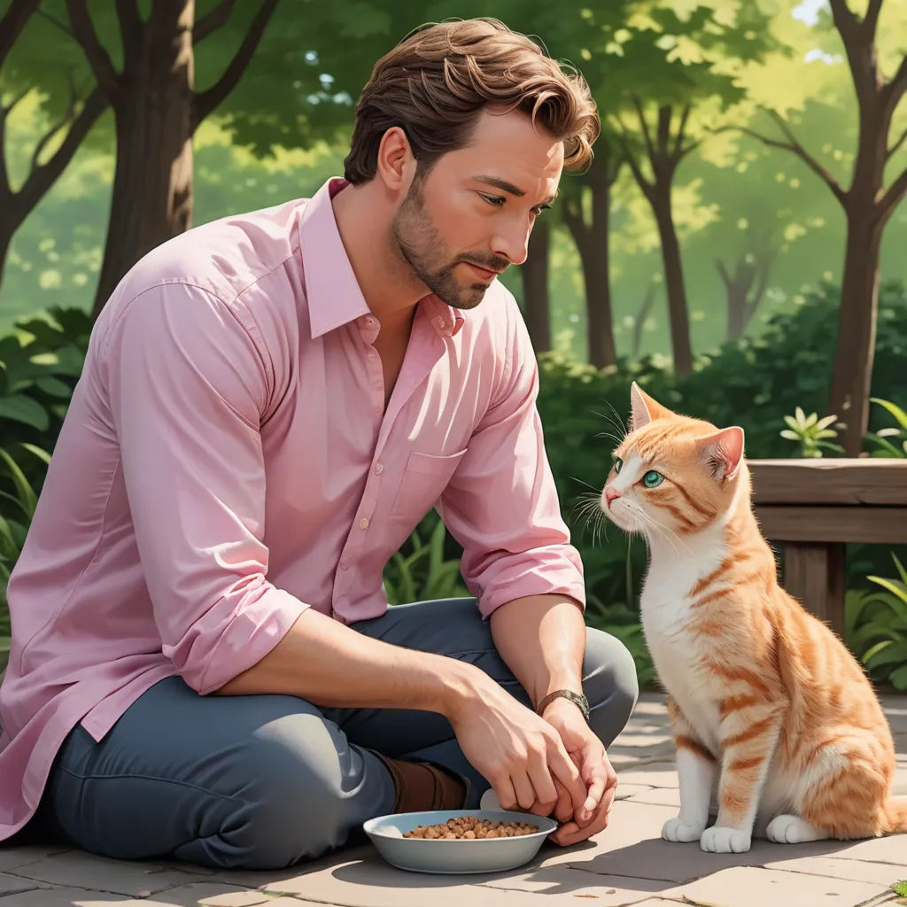 a man sitting on a bench feeding a cat food from a bowl of food in front of him on the ground, photorealism, a storybook illustration, Chris LaBrooy, unreal engine highly rendered