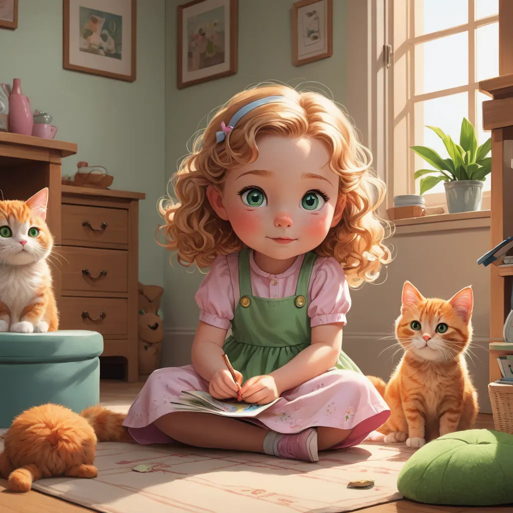 a little girl sitting on the floor with two cats next to her and a cat sitting on the floor, photorealism, a storybook illustration, Alice Prin, storybook illustration