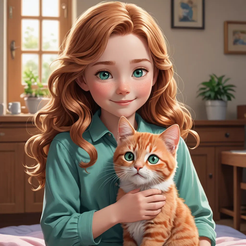 a girl in a green shirt holding a cat in her hands and smiling at the camera with a cat in her lap, photorealism, a storybook illustration, disney, cgstudio