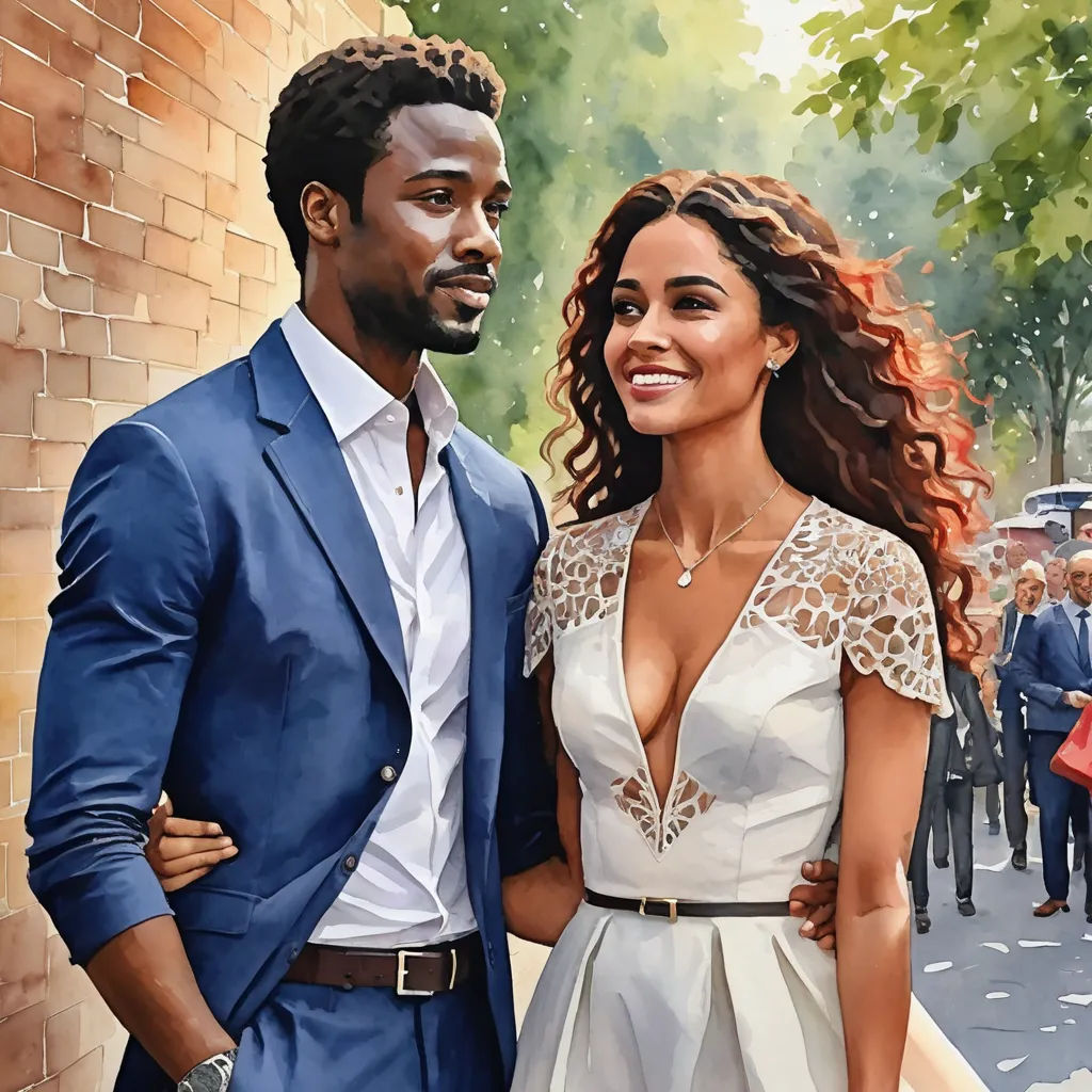 a painting of a man and woman standing next to each other in front of a brick wall and trees, photorealism, a detailed painting, Eric Zener, in gouache detailed paintings