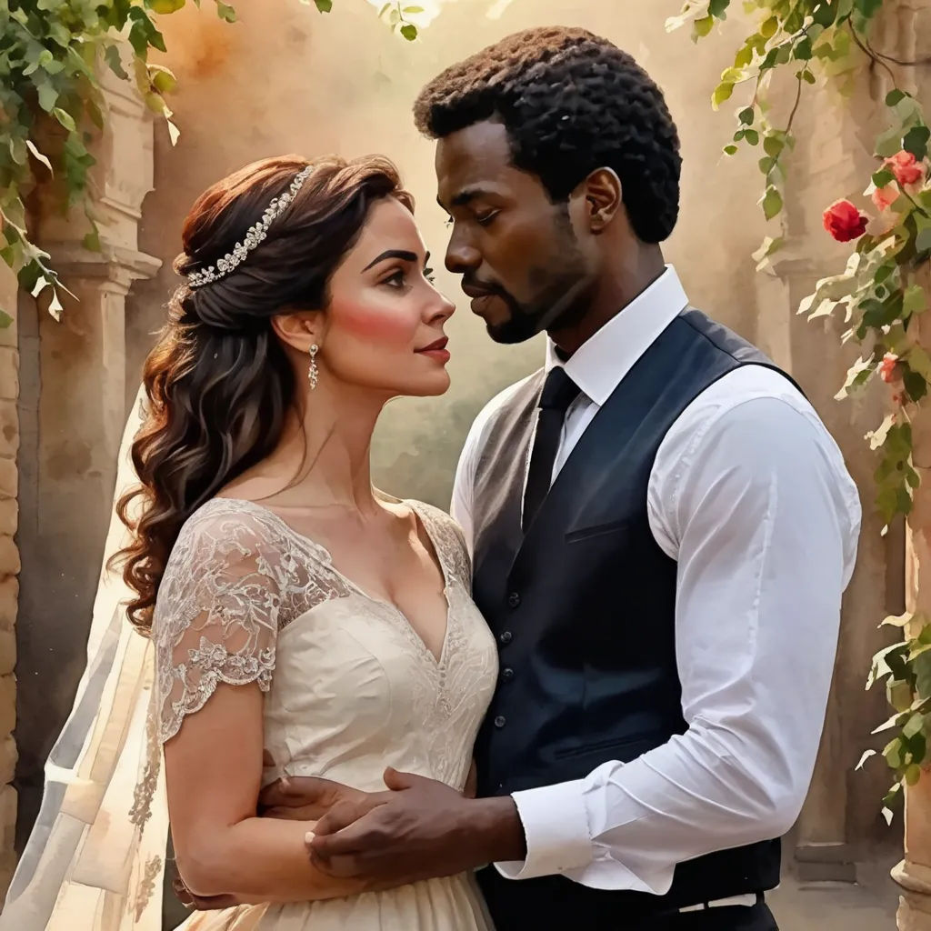 a man and woman are standing together in front of a archway with roses on it and a man in a suit and tie is holding the woman's hand, neo-romanticism, a poster, Araceli Gilbert, promotional image