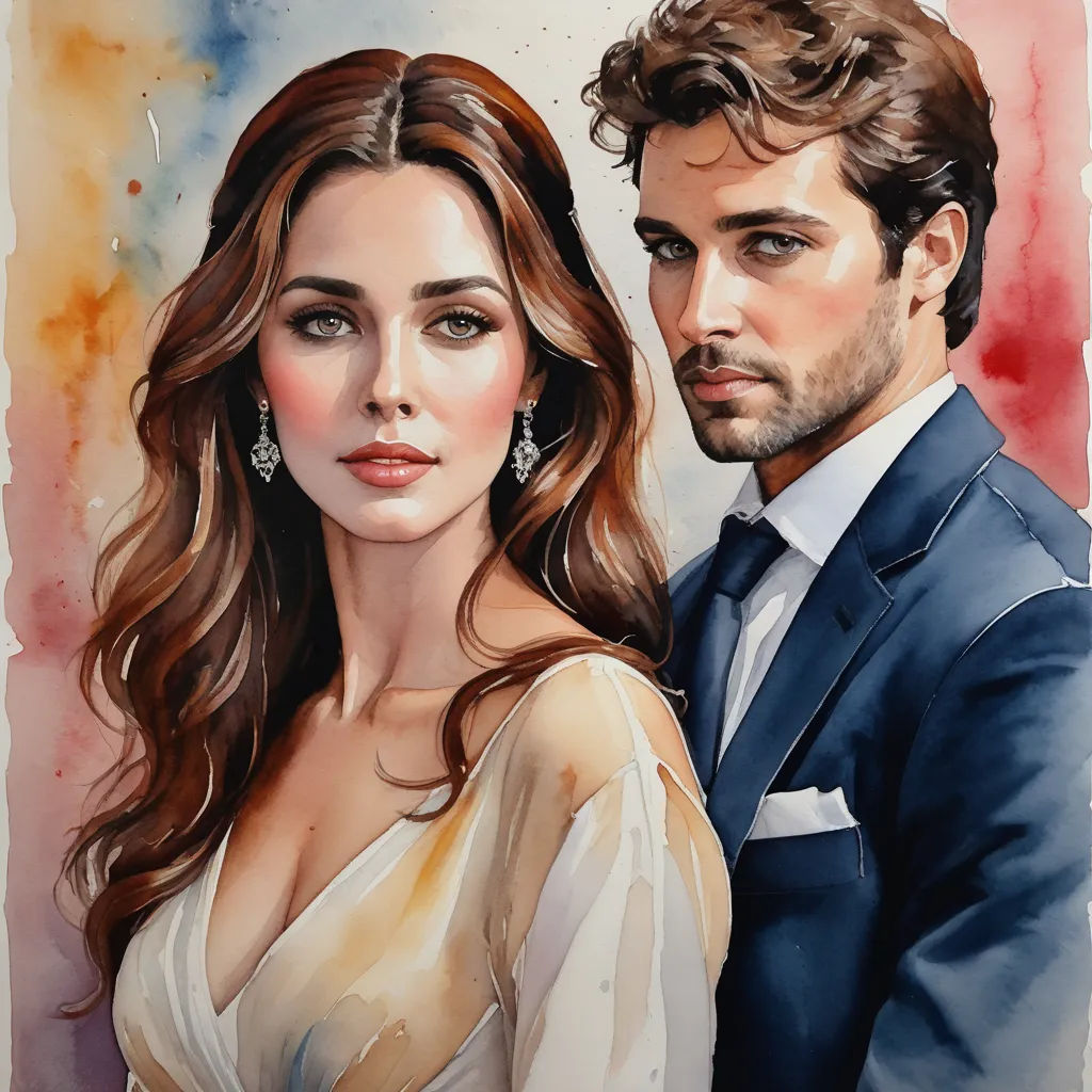 a painting of a man and a woman in formal wear, with a watercolor background of a red and yellow background, figurative art, a watercolor painting, Eric Zener, detailed oil painting