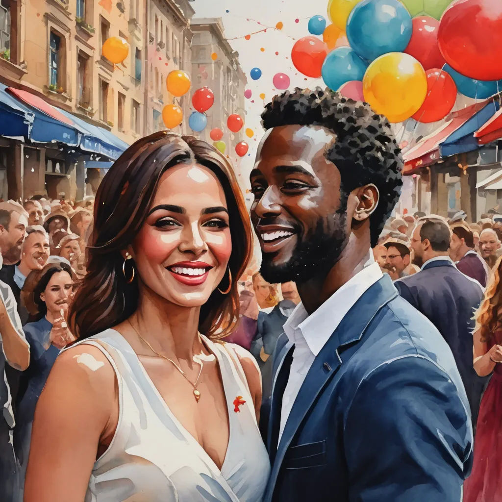 a painting of a man and woman standing in front of a crowd of people with balloons in the air, socialist realism, a photorealistic painting, Chris LaBrooy, in gouache detailed paintings
