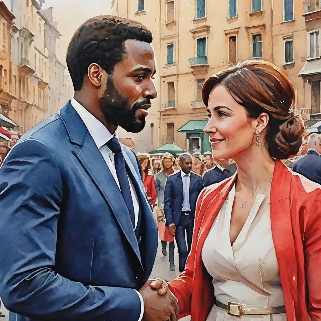 a painting of a man and woman shaking hands in front of a crowd of people in a city street, american scene painting, a painting, David Palumbo, official art