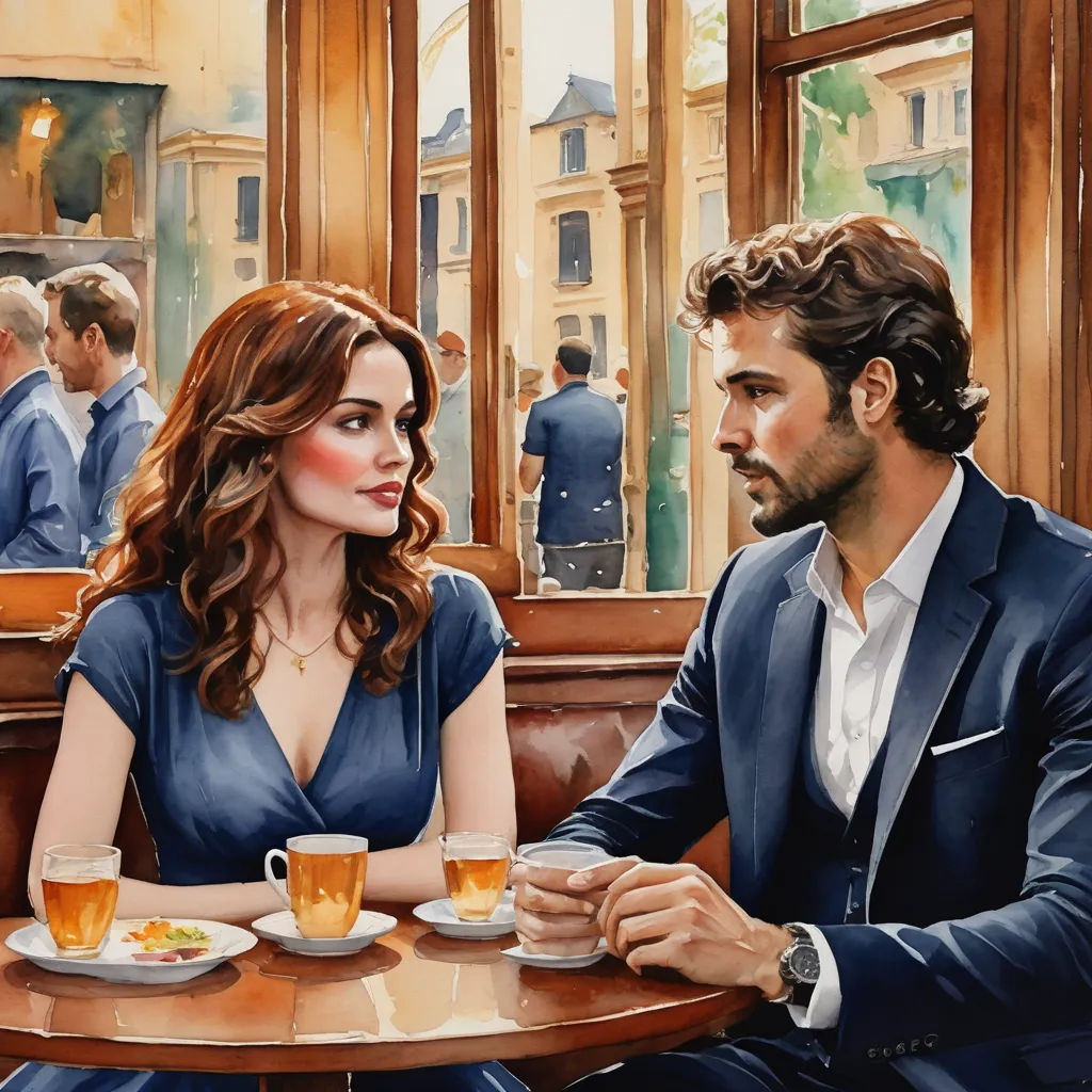 a painting of a man and woman sitting at a table with drinks in front of them, looking at each other, figurative art, a detailed painting, Didier Mouron, oil painting