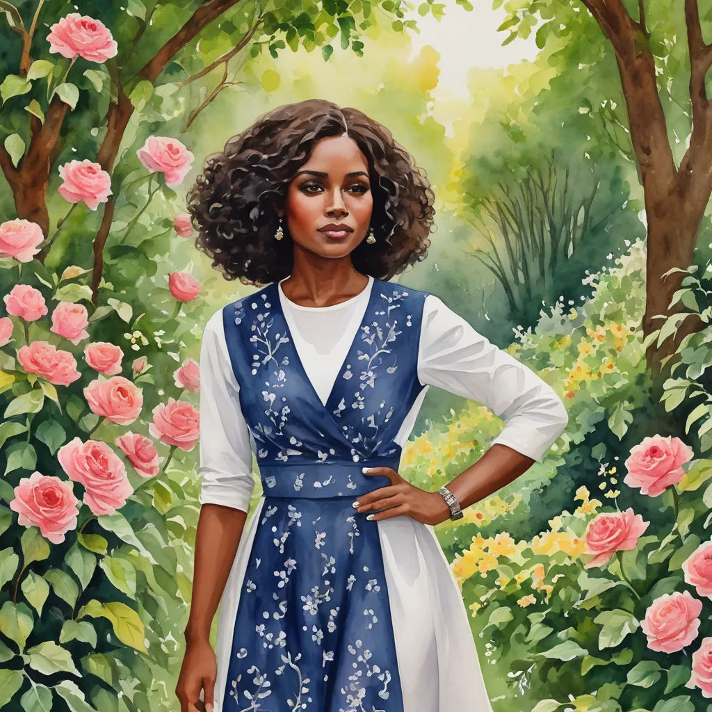 a painting of a woman in a blue dress standing in a garden with roses and trees in the background, american impressionism, a painting, Constance Gordon-Cumming, official art