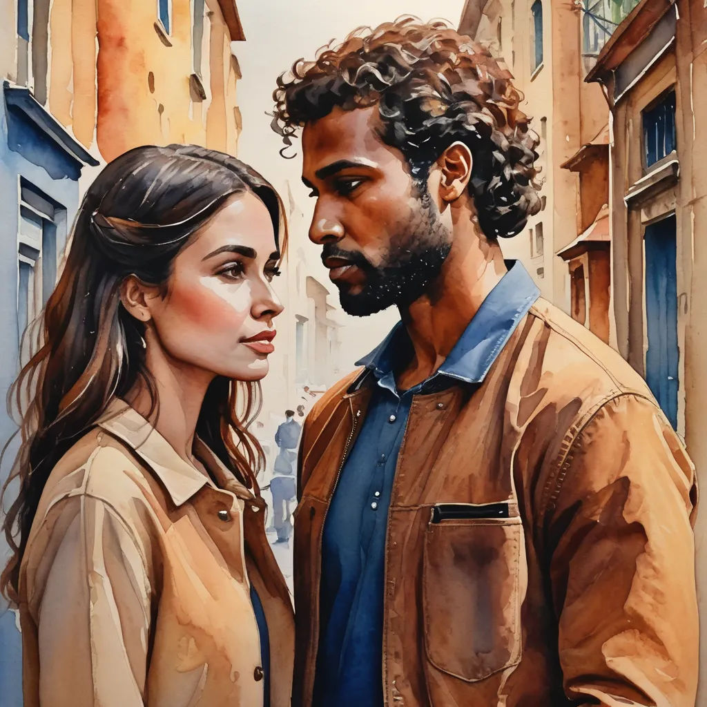 a painting of a man and a woman standing in front of a building with a blue door and a brown jacket, figurative art, a painting, Eric Zener, incredible art