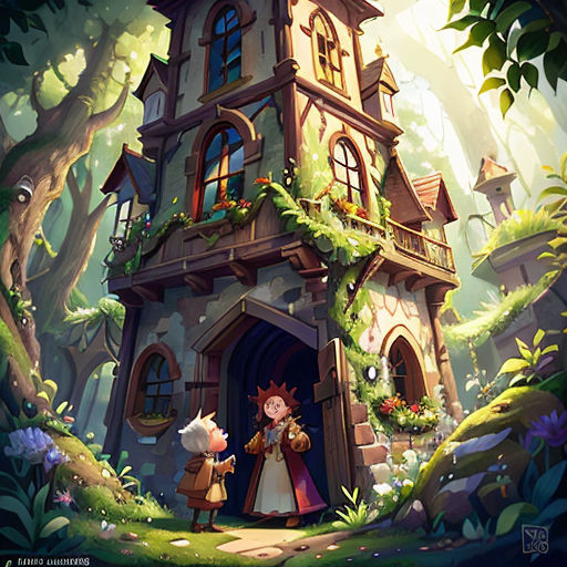 a cartoon of a castle with a princess and a pig in front of it and a man standing in front of it