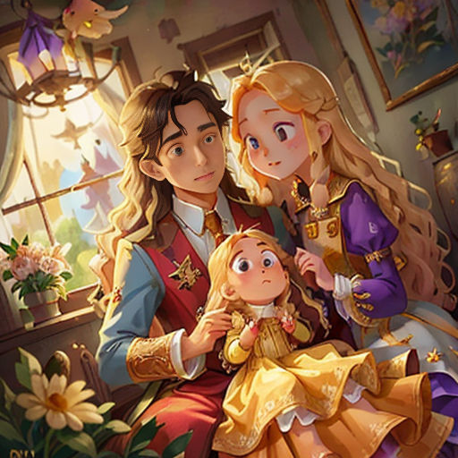 a couple of people that are sitting down together in a room with flowers and a window behind them and a little girl