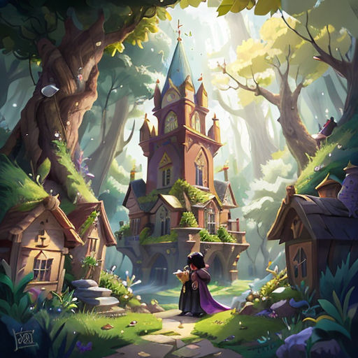 a couple standing in front of a castle surrounded by trees and houses in the woods with a purple dress