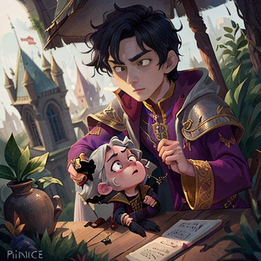 a man in a purple coat and a little girl in a purple dress are sitting at a table with a book
