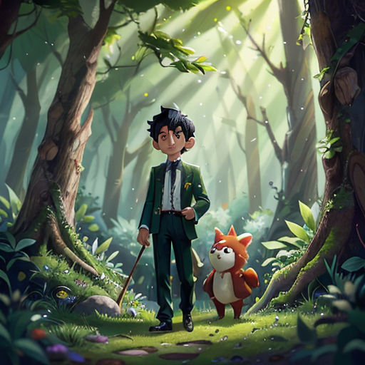a man in a suit and a fox in a forest with trees and rocks, with a dog in the foreground