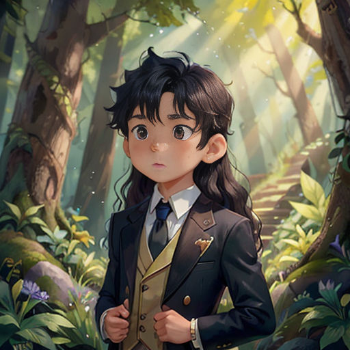 a young girl in a suit standing in a forest with trees and plants around her, looking at the camera