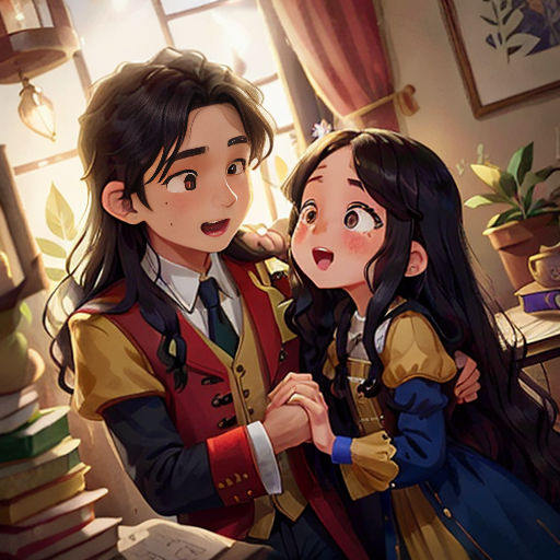 a couple of people that are standing in front of a window with books on the table and a bookcase