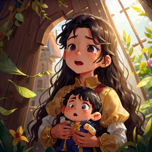 a woman holding a child in a forest with a castle in the background and a window in the background
