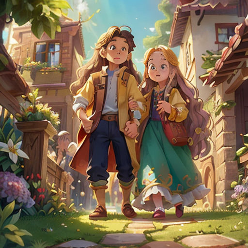 a couple of people standing in front of a house with flowers on it and a sky background with clouds