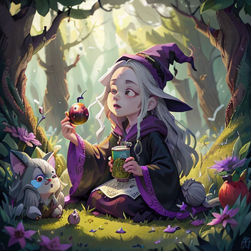 a girl in a witch costume sitting in the woods with a cup of coffee and a cat next to her