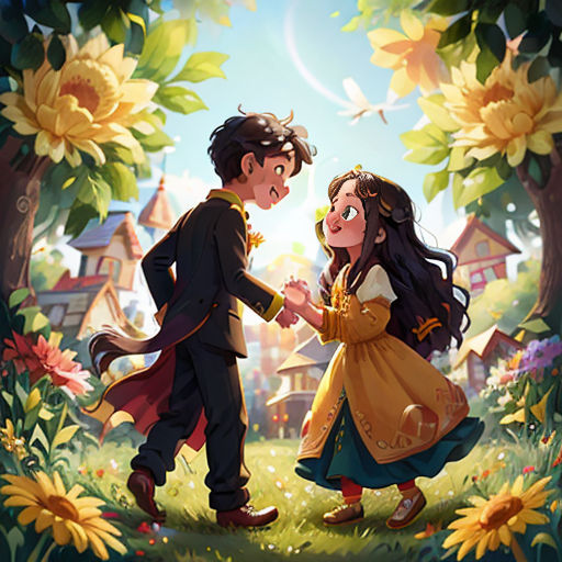 a couple of people standing in a field of flowers next to each other with a house in the background