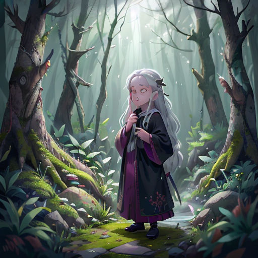 a woman in a forest with a long white hair and a purple outfit standing in the middle of a forest