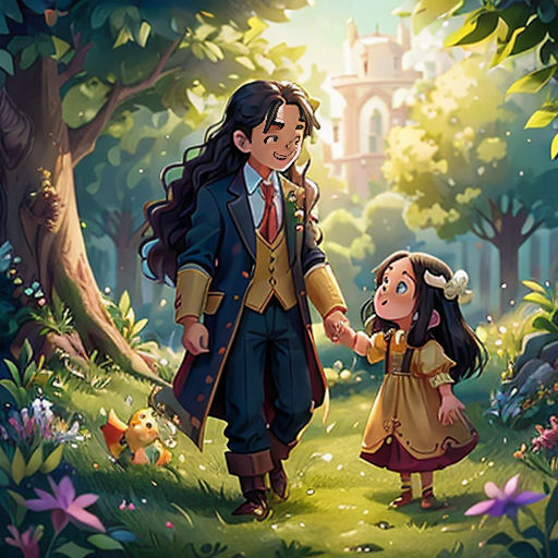 a man and a little girl walking through a forest holding hands and looking at each other with a castle in the background