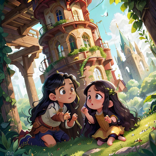 two girls sitting on the ground in front of a castle with a tower in the background and a bird flying over them