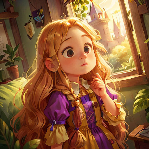 a little girl in a purple dress looking out a window at a castle with a butterfly on it's head