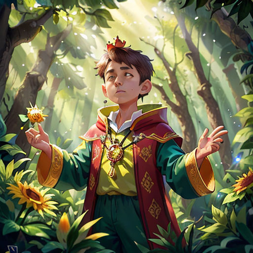a boy in a forest holding a sunflower in his hand and a crown on his head, with a forest background