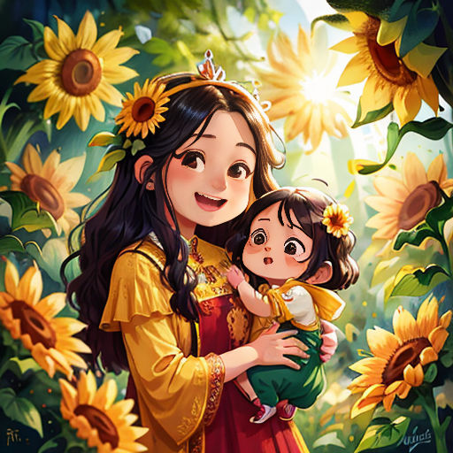 a woman holding a child in a field of sunflowers with a sky background and sunflowers