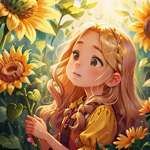 a girl in a yellow dress standing in a field of sunflowers with her hands in her pockets