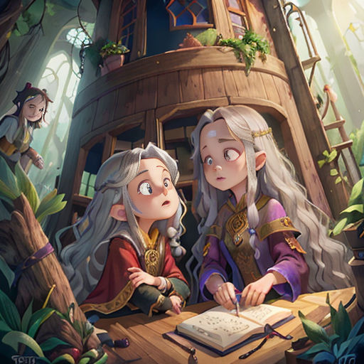 two women sitting at a table writing on a book in front of a tower with a clock on it