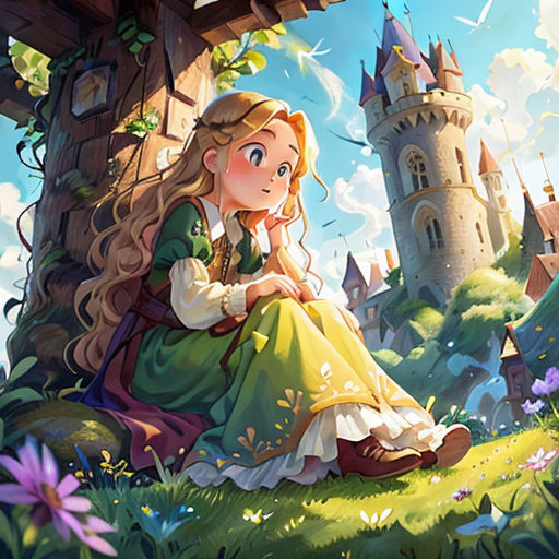a girl sitting on a tree in front of a castle with a castle in the background and a bird flying over her