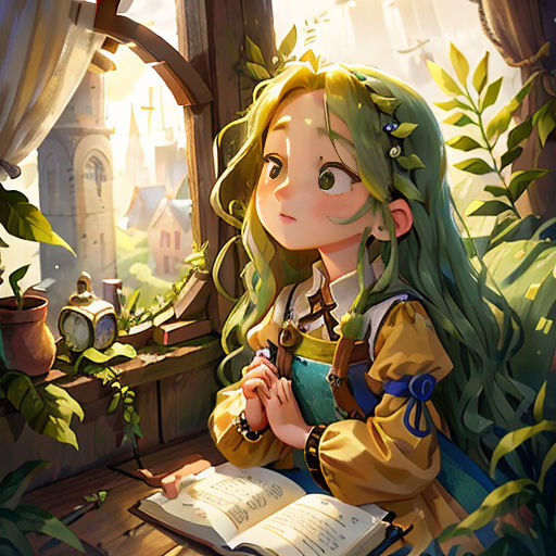 a girl sitting at a table with a book in her hand and a clock in the background, with a window behind her